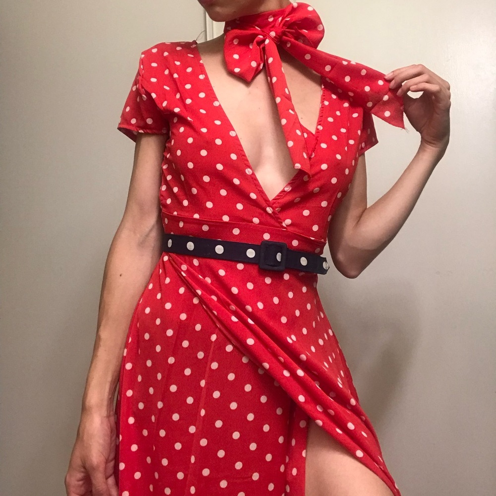 Sexy V Neck High Slit Red Polka Dot Long Dress With Scarf